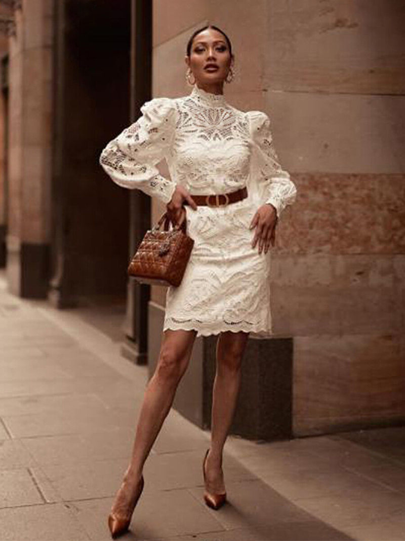 Floral Lace Stand Neck Lanter Sleeves Mini Dress With Wrap Belted Floral Lace Stand Neck Lanter Sleeves Mini Dress With Wrap Belted