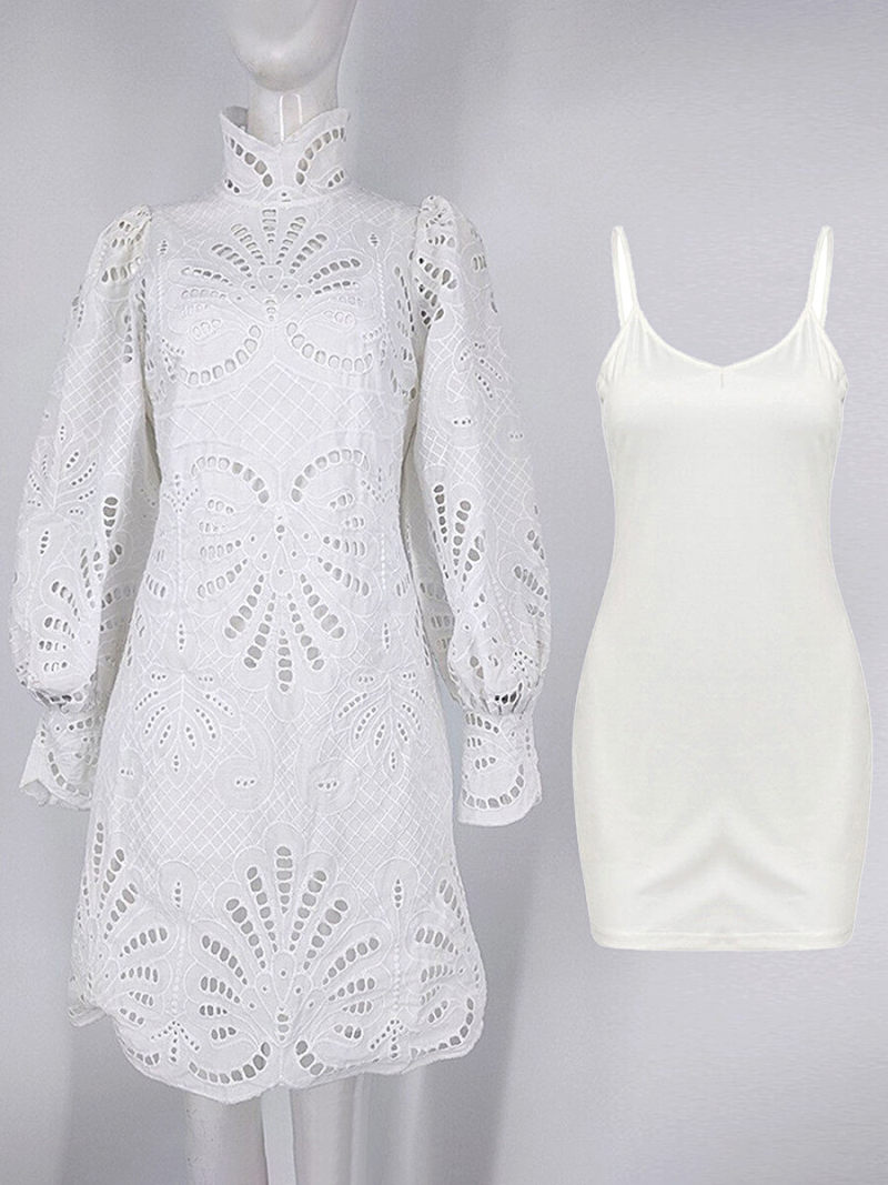 Floral Lace Stand Neck Lanter Sleeves Mini Dress With Wrap Belted Floral Lace Stand Neck Lanter Sleeves Mini Dress With Wrap Belted