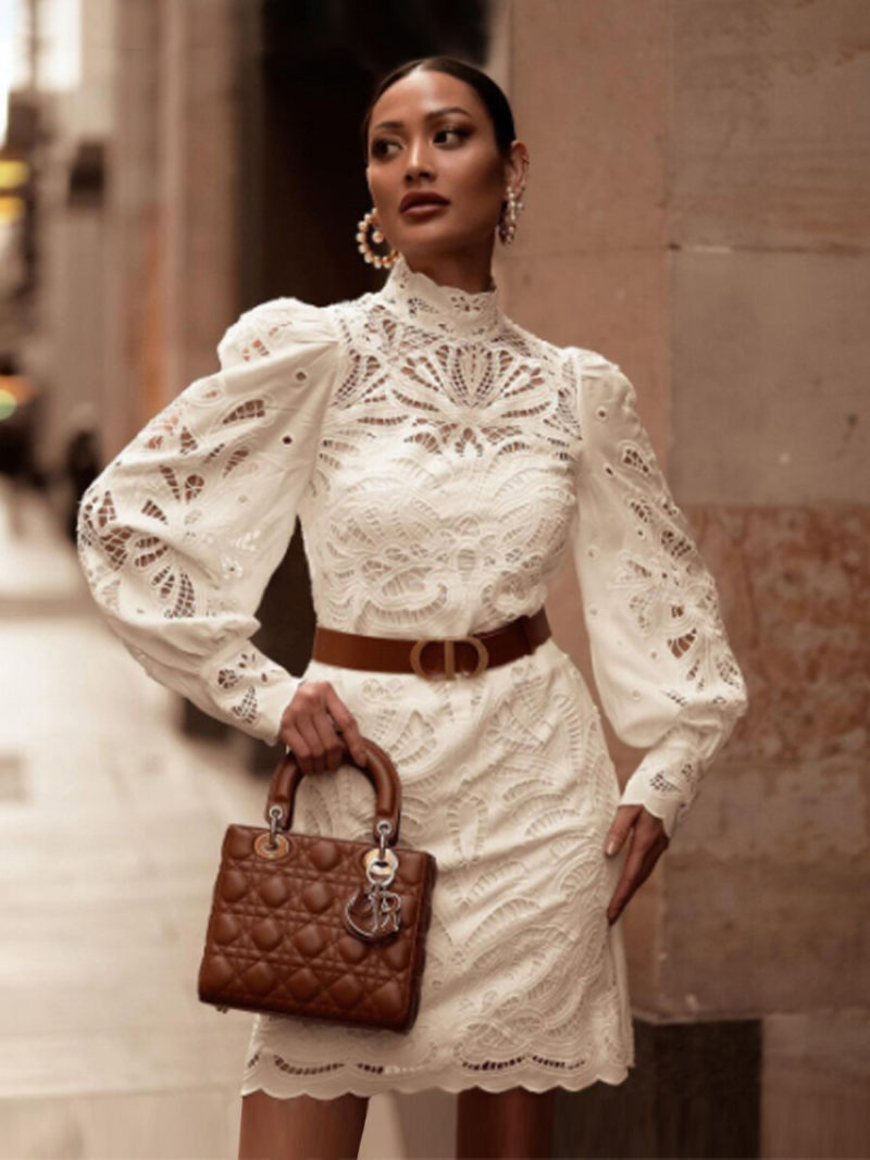 Floral Lace Stand Neck Lanter Sleeves Mini Dress With Wrap Belted Floral Lace Stand Neck Lanter Sleeves Mini Dress With Wrap Belted