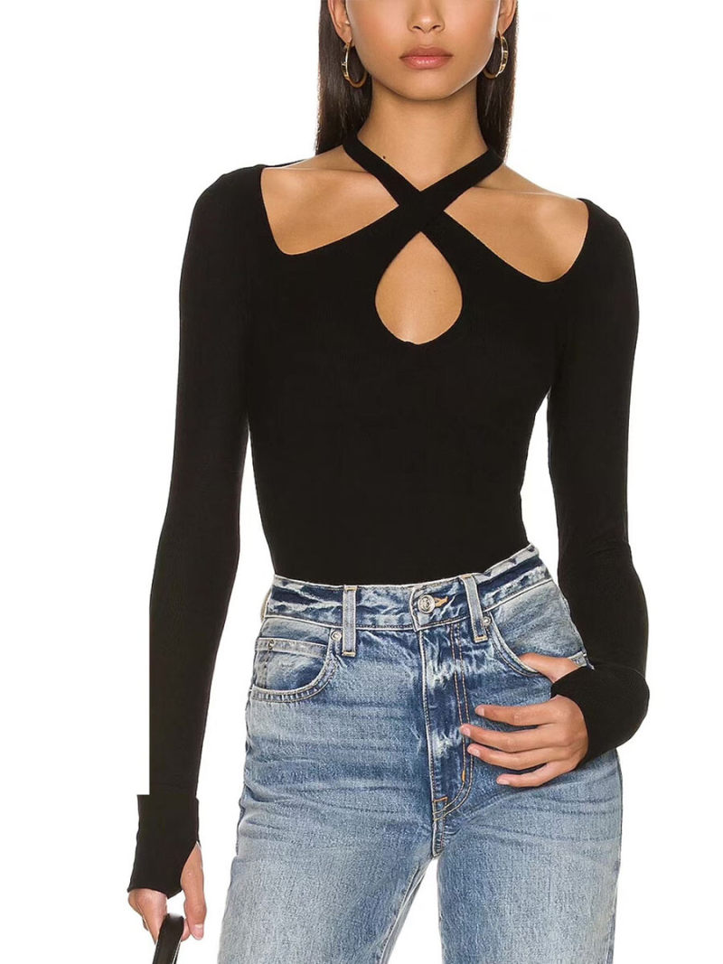 Hollow out hanging neck long sleeve T-shirt Hollow out hanging neck long sleeve T-shirt