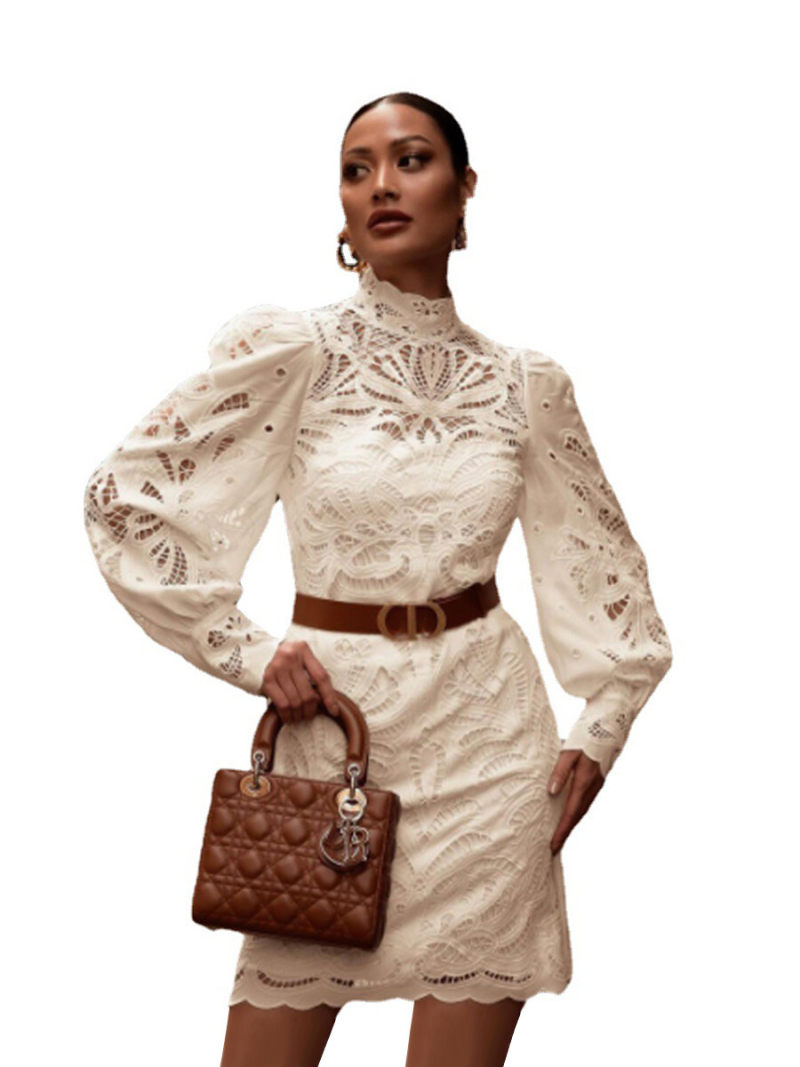 Floral Lace Stand Neck Lanter Sleeves Mini Dress With Wrap Belted Floral Lace Stand Neck Lanter Sleeves Mini Dress With Wrap Belted