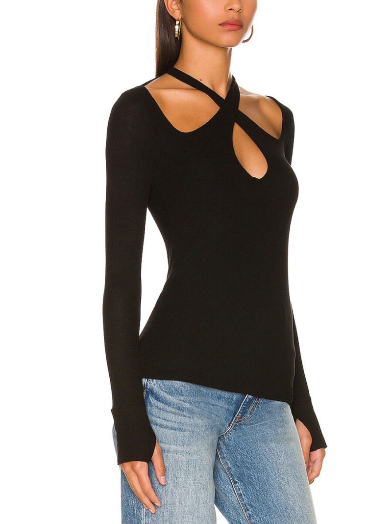 Hollow out hanging neck long sleeve T-shirt Hollow out hanging neck long sleeve T-shirt