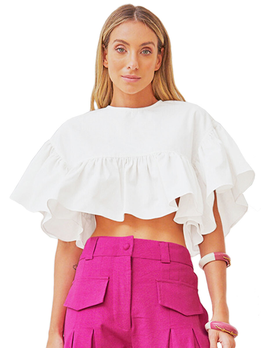 Crew Neck Frill Sleeves Crop Top Crew Neck Frill Sleeves Crop Top