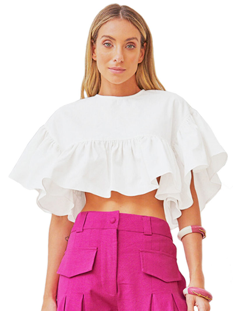 Crew Neck Frill Sleeves Crop Top Crew Neck Frill Sleeves Crop Top