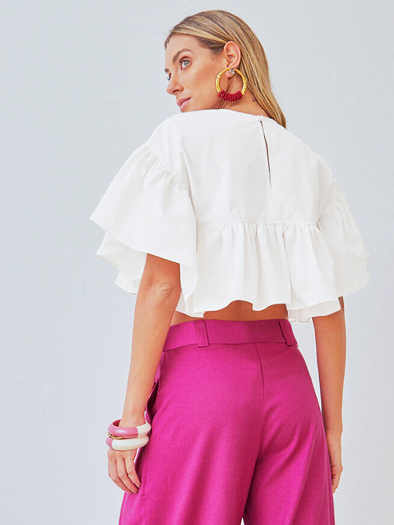 Crew Neck Frill Sleeves Crop Top Crew Neck Frill Sleeves Crop Top