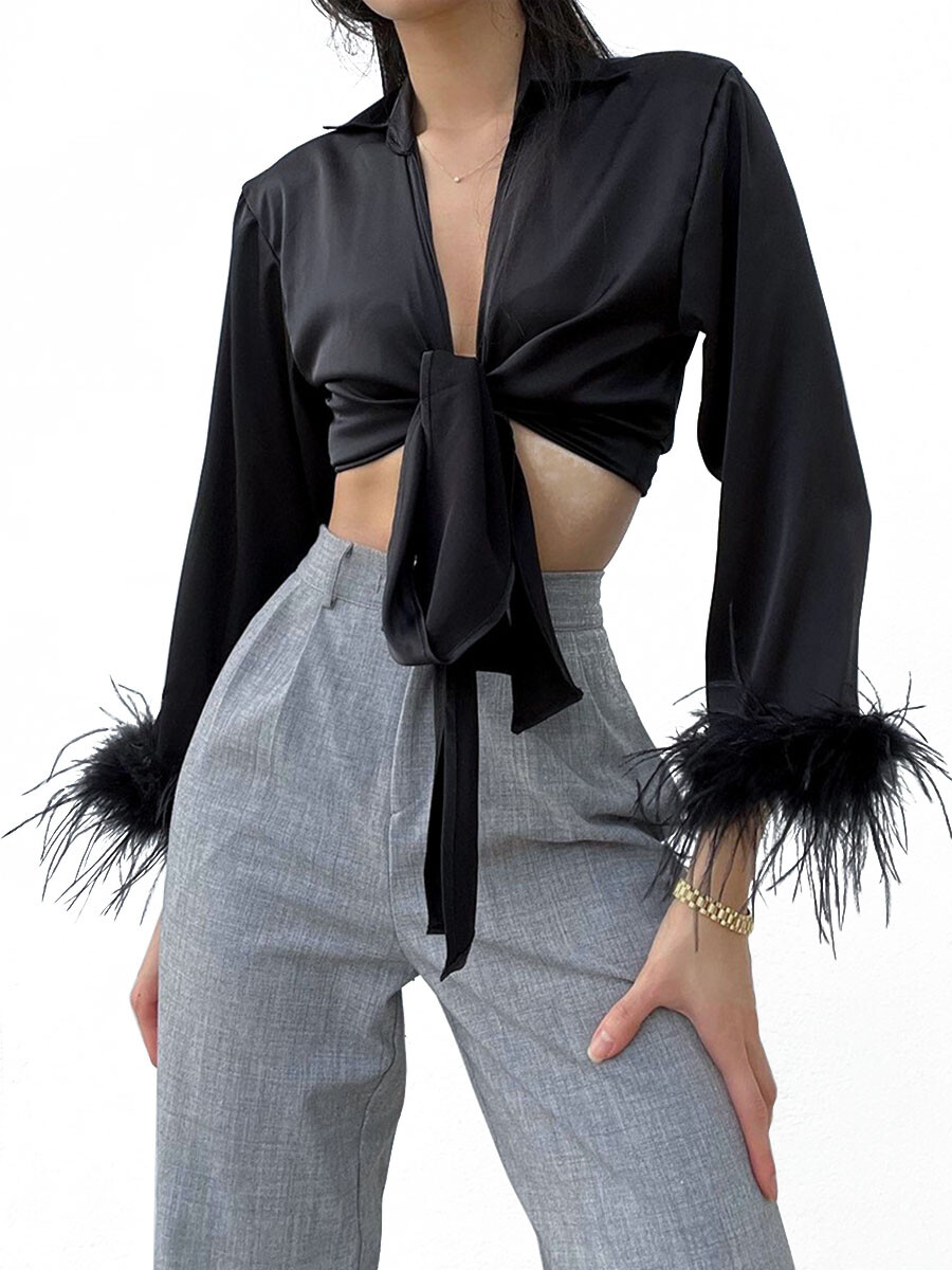 Deep V-neck Long Sleeves Blouse With Fur On Cuff Deep V-neck Long Sleeves Blouse With Fur On Cuff