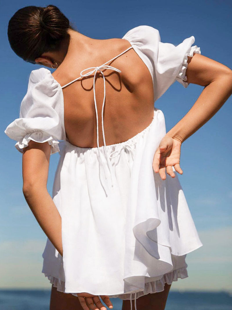 Square Neck Short Sleeves Backless Blouse Square Neck Short Sleeves Backless Blouse
