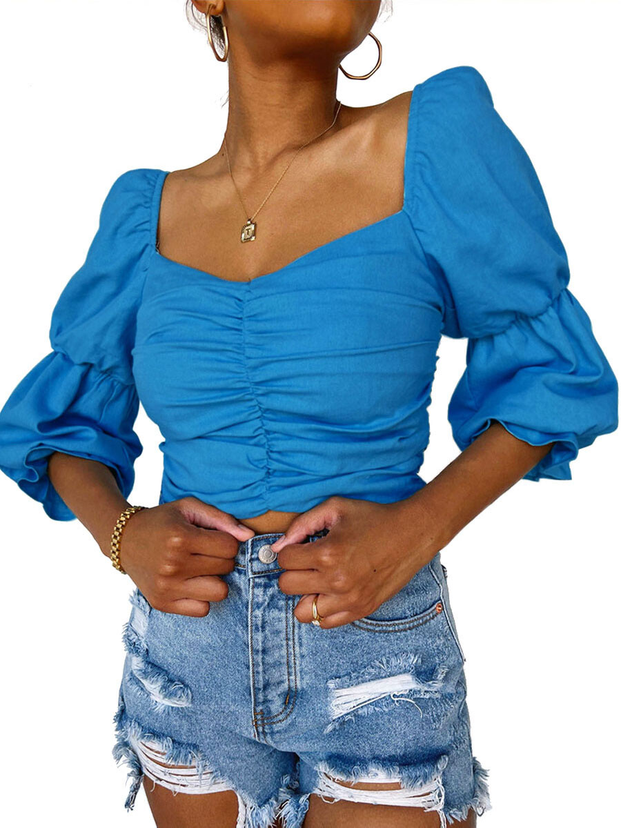 Square Neck Ruched Body And Lantern Sleeves Blouse Square Neck Ruched Body And Lantern Sleeves Blouse
