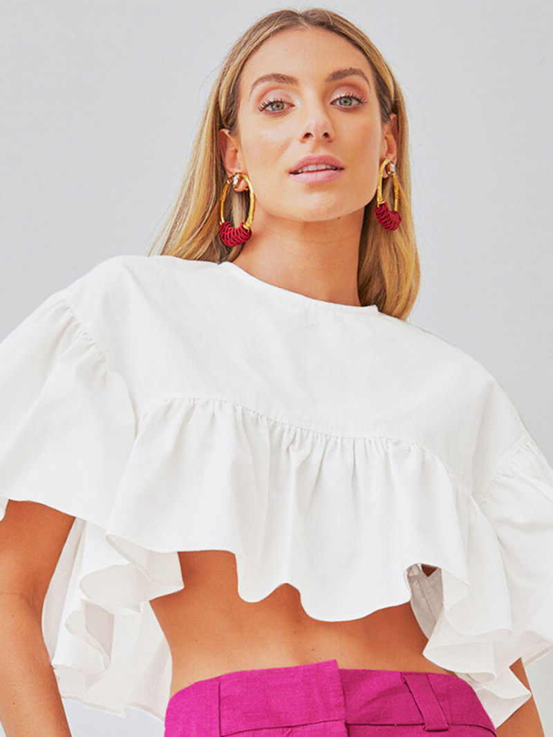 Crew Neck Frill Sleeves Crop Top Crew Neck Frill Sleeves Crop Top