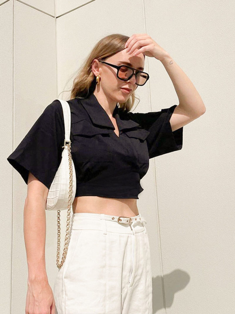 Collar Short Sleeves Crop Top Collar Short Sleeves Crop Top
