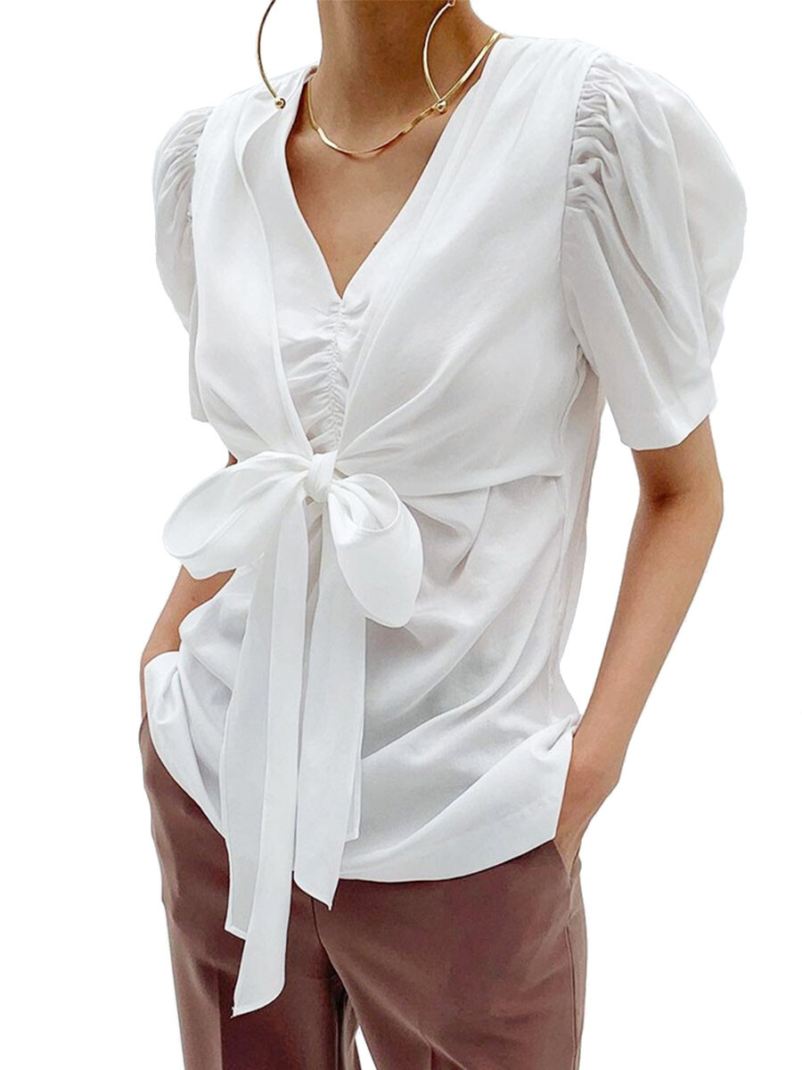 V-neck Short Sleeves Tie Details Blouse V-neck Short Sleeves Tie Details Blouse
