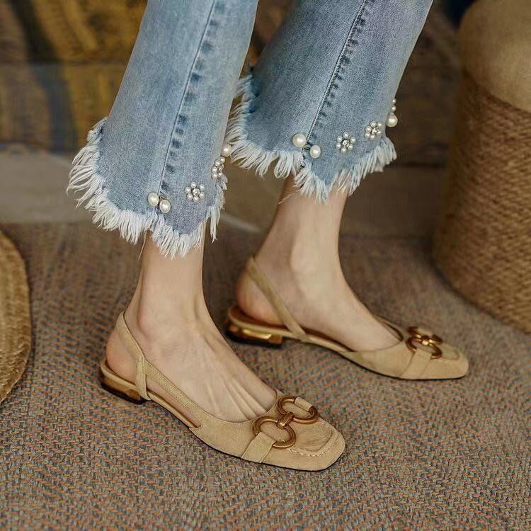 Suede square toe flat sandals with metal buckle Suede square toe flat sandals with metal buckle