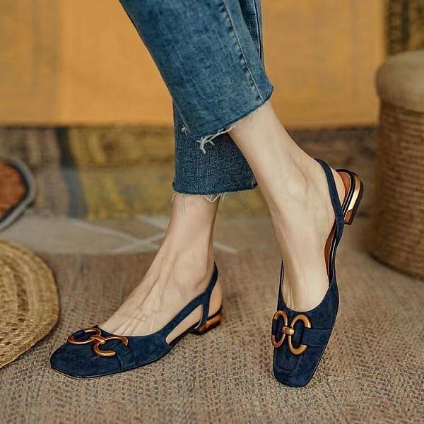 Suede square toe flat sandals with metal buckle Suede square toe flat sandals with metal buckle