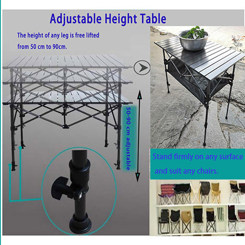Folding Camping Table Portable Roll-up Table Adjustable Height Outdoor Desk