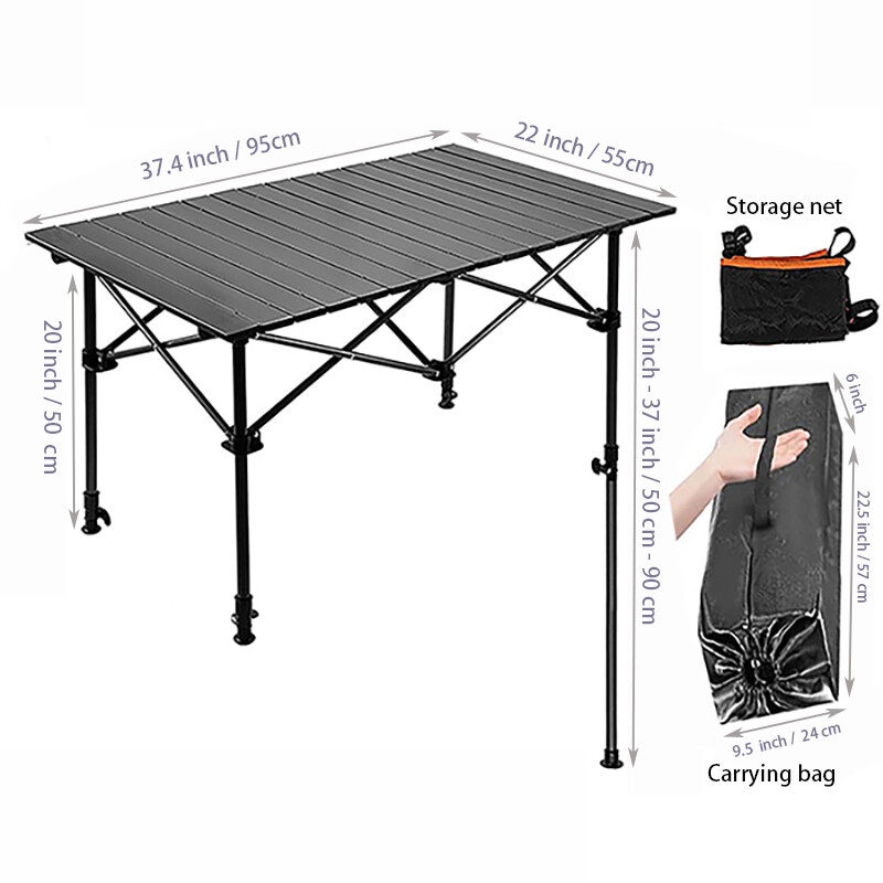 Folding Camping Table Portable Roll-up Table Adjustable Height Outdoor Desk