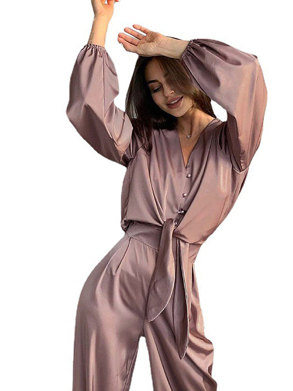 Ice silk satin leisure shirt trousers two-piece outfit