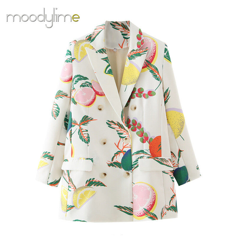 Lapel Neck Double Breasted Blazer In Printed