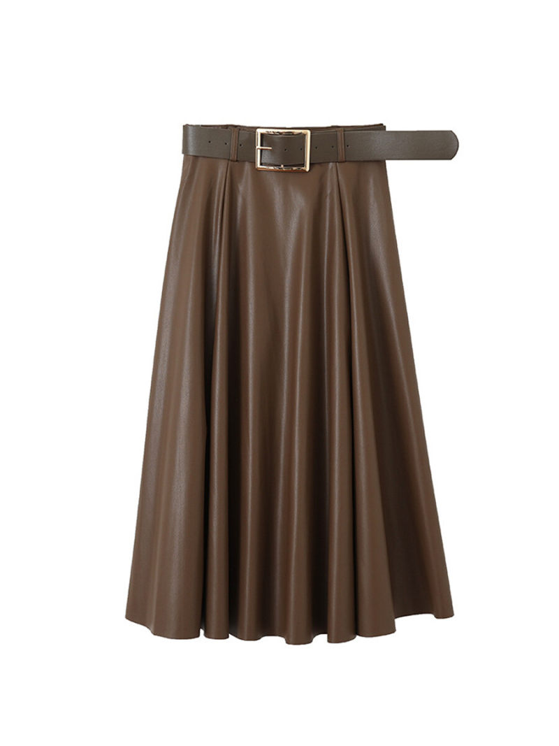Belted Pleated Pu  Skirt