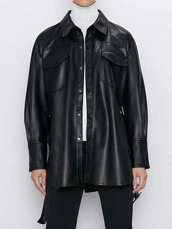 Pure color imitation leather jacket