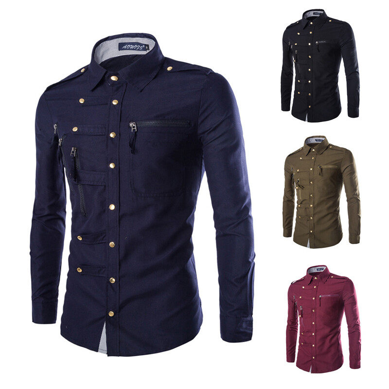 Worker Shirt In Black With Zipper Pockets On Front