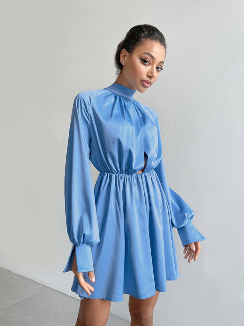 The blue color satin dress