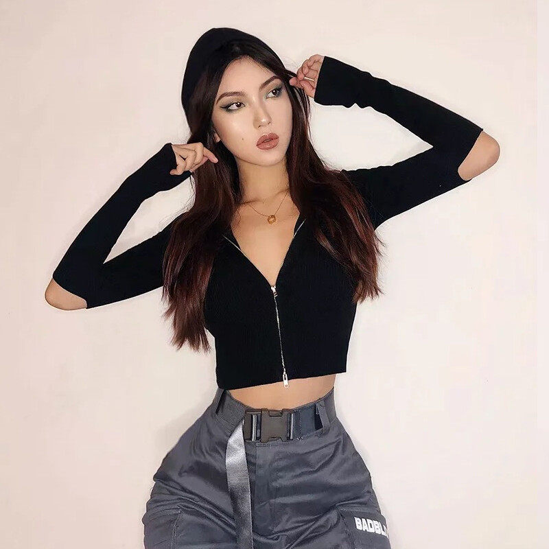 V-neck Slim Sweater with Zipper On Front