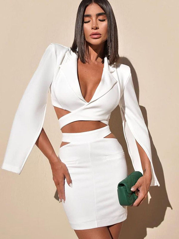 White long-sleeved v-neck small two-piece suit a skirt