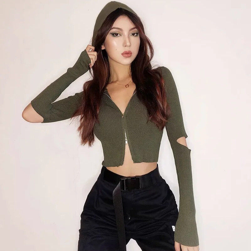 V-neck Slim Sweater with Zipper On Front