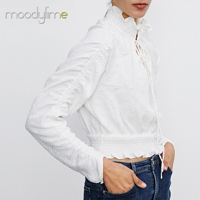 High Neck Tie Details Ruched Sleeves Blouse