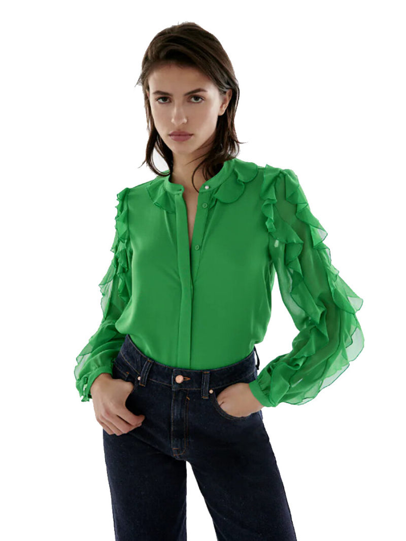 Button Through Frill Details Sleeves  Blouse