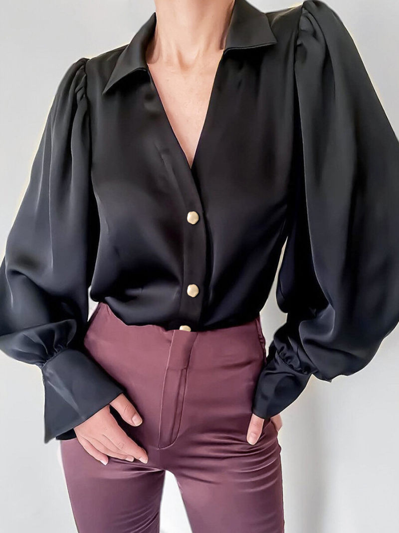 Collar  V-neck Button Front   Blouson Sleeves Blouse