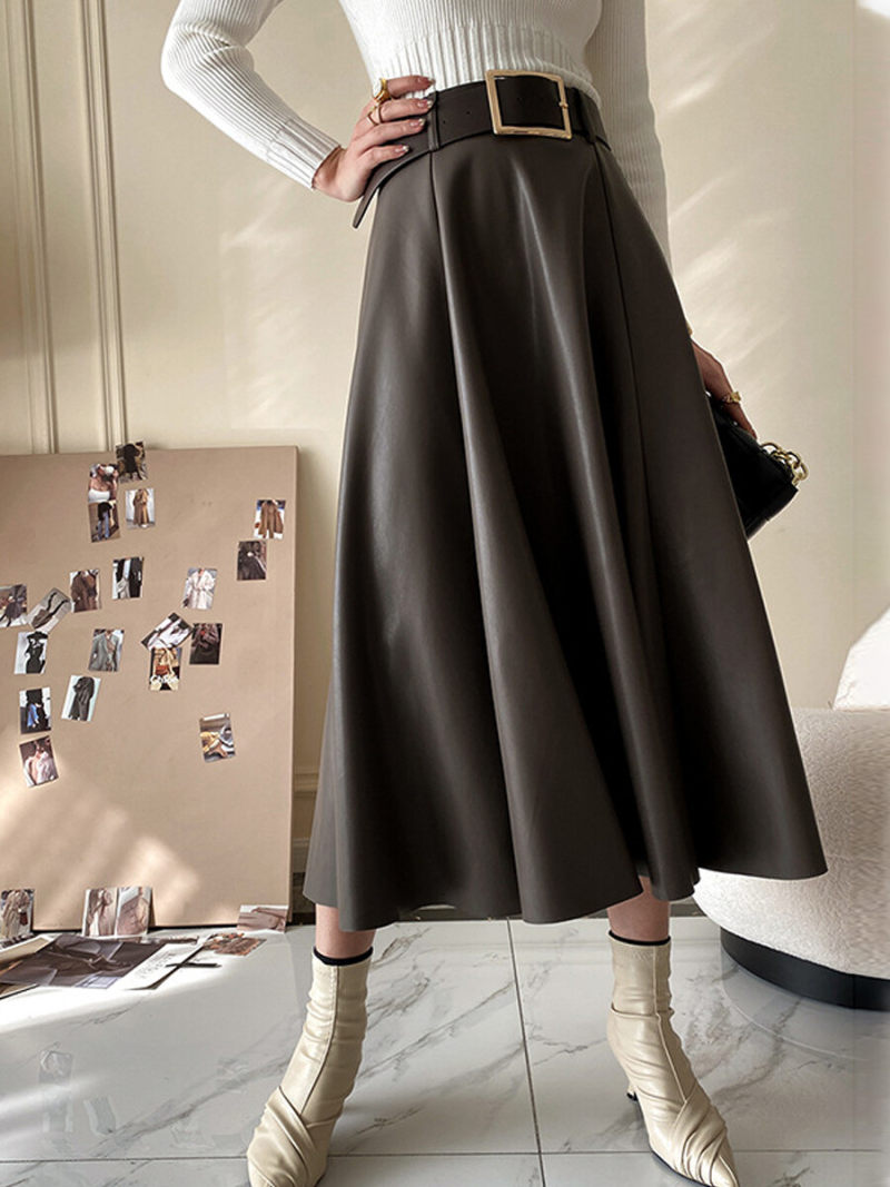 Belted Pleated Pu  Skirt