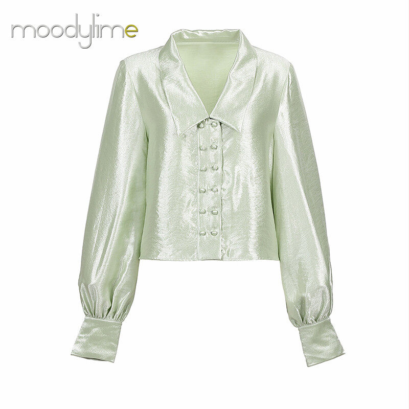 Collar Button on Front Long Sleeves  Blouse