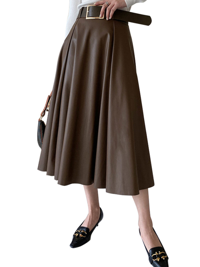 Belted Pleated Pu  Skirt