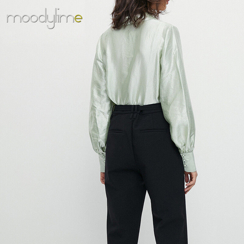 Collar Button on Front Long Sleeves  Blouse