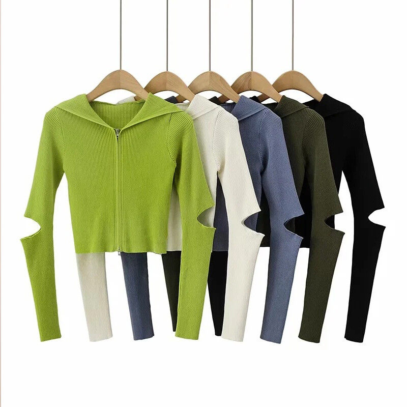 V-neck Slim Sweater with Zipper On Front