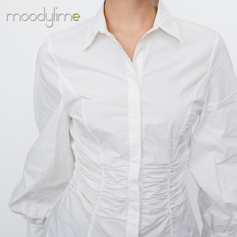 Collar Button on Front Long Sleeves Ruched Blouse