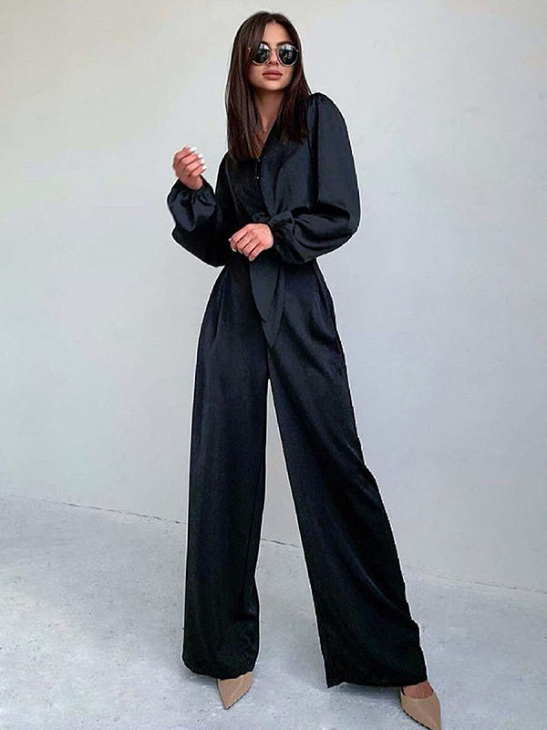 Ice silk satin leisure shirt trousers two-piece outfit