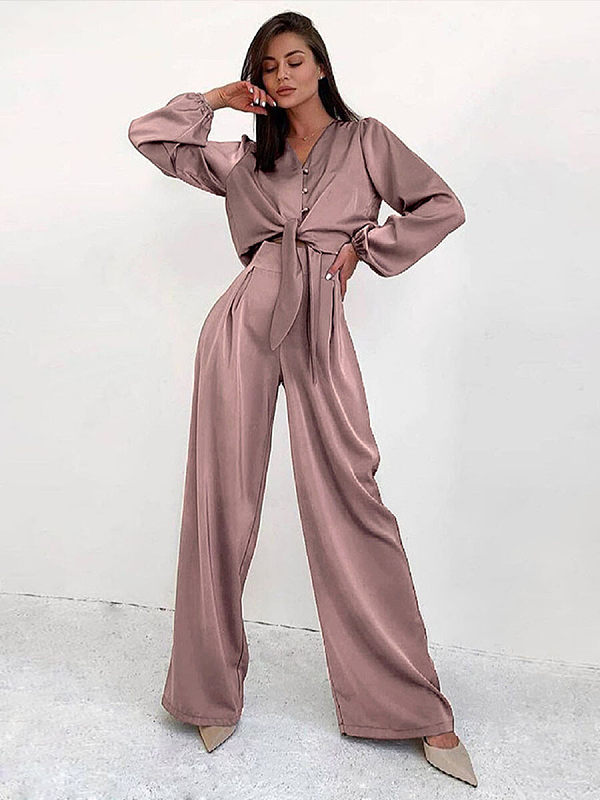 Ice silk satin leisure shirt trousers two-piece outfit