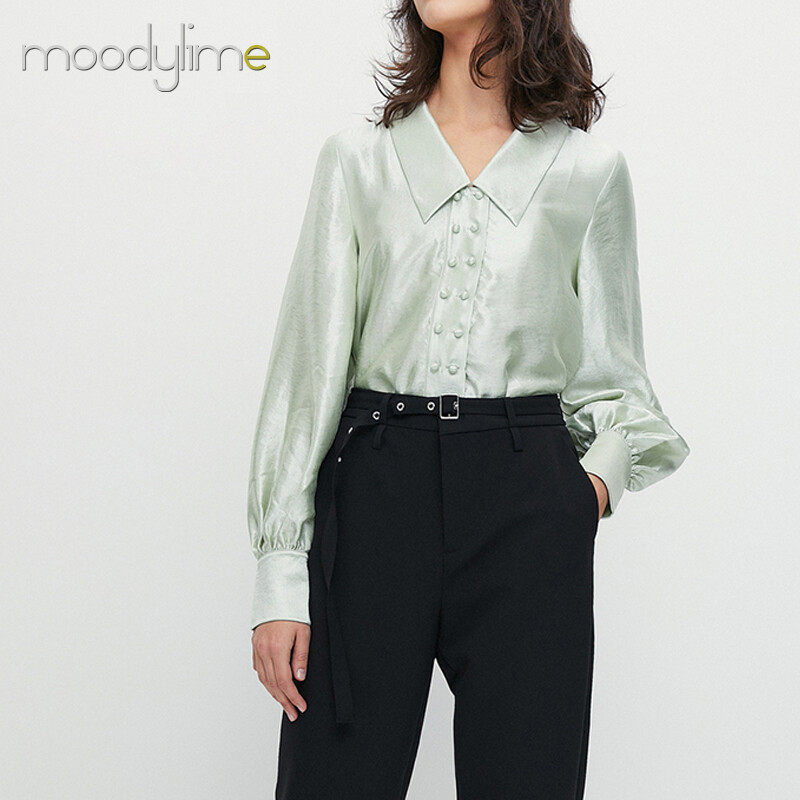 Collar Button on Front Long Sleeves  Blouse