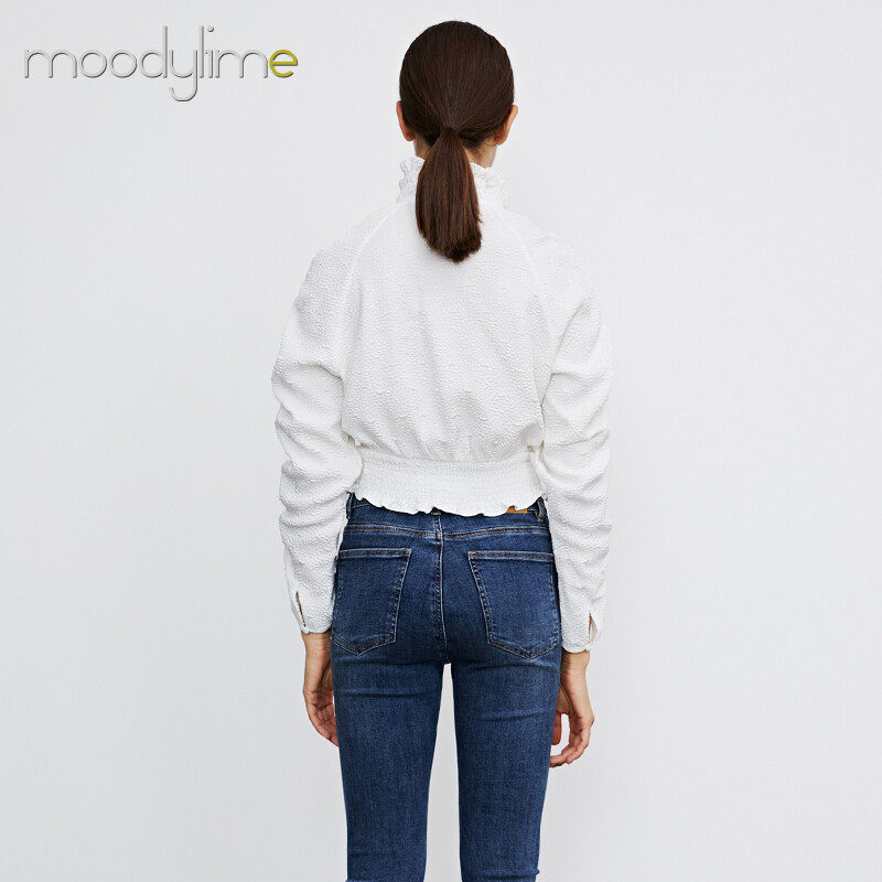 High Neck Tie Details Ruched Sleeves Blouse