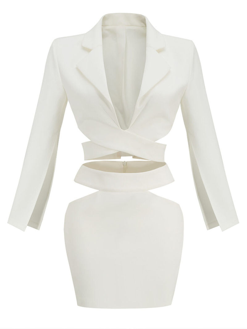 White long-sleeved v-neck small two-piece suit a skirt