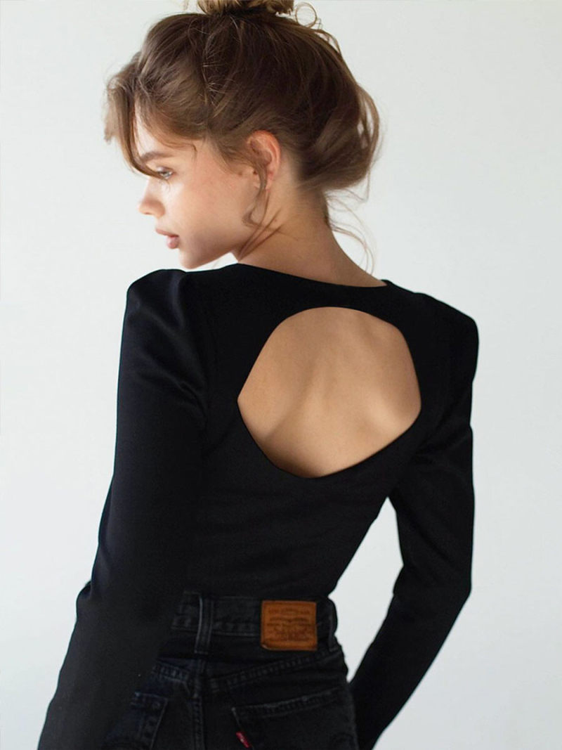 Short black hollow out long sleeve T-shirt