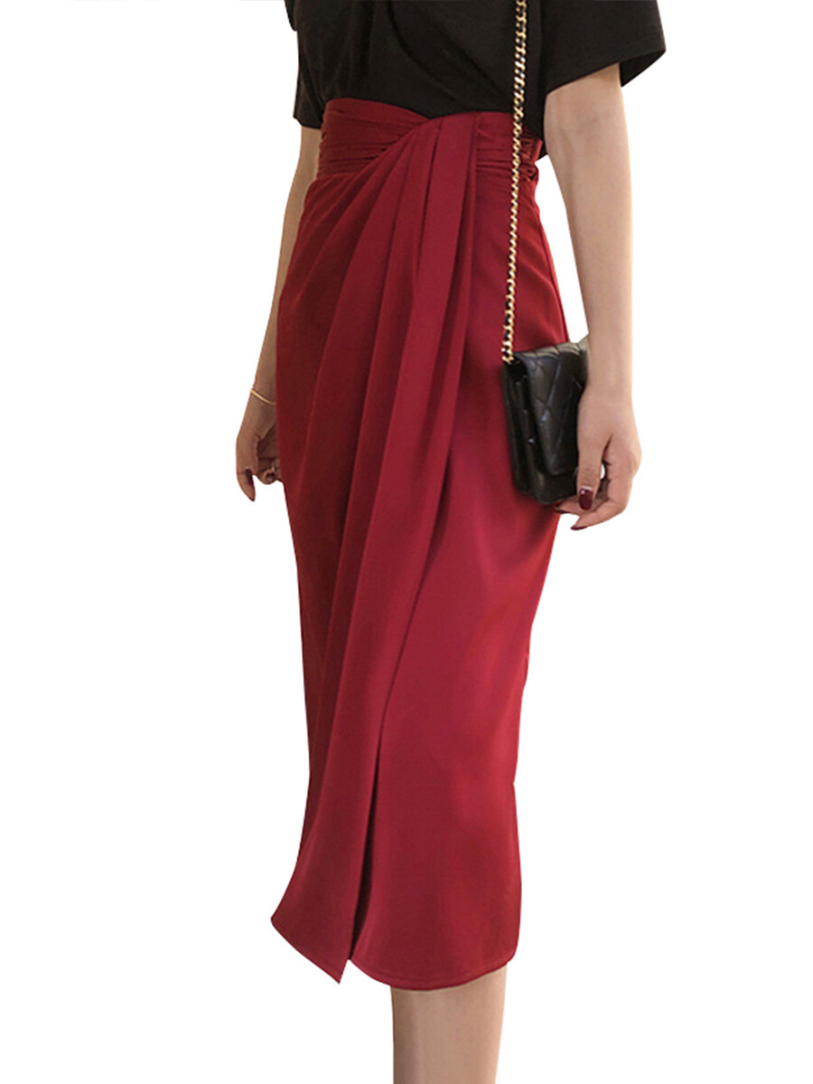 High Waist Drape    Skirt With Split  At Front