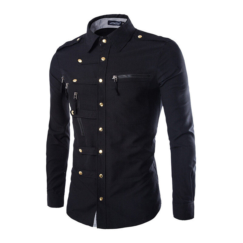 Worker Shirt In Black With Zipper Pockets On Front