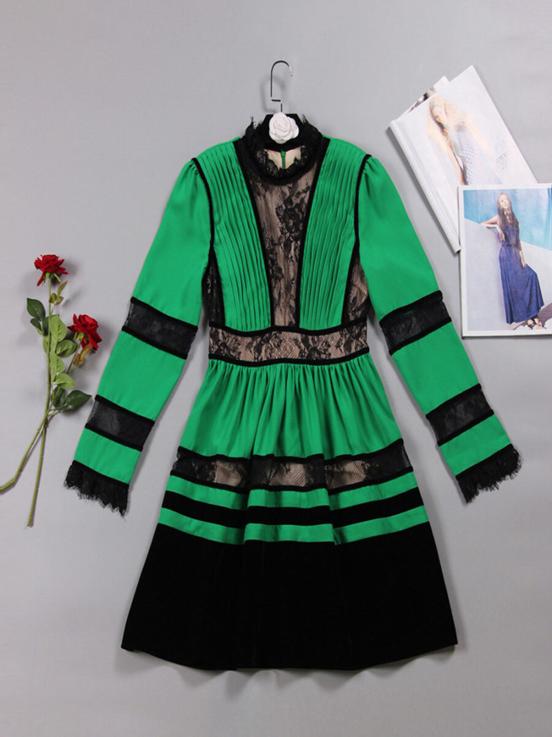 Stand Neck Lace Inserts Velvet Hem Mini  Dress