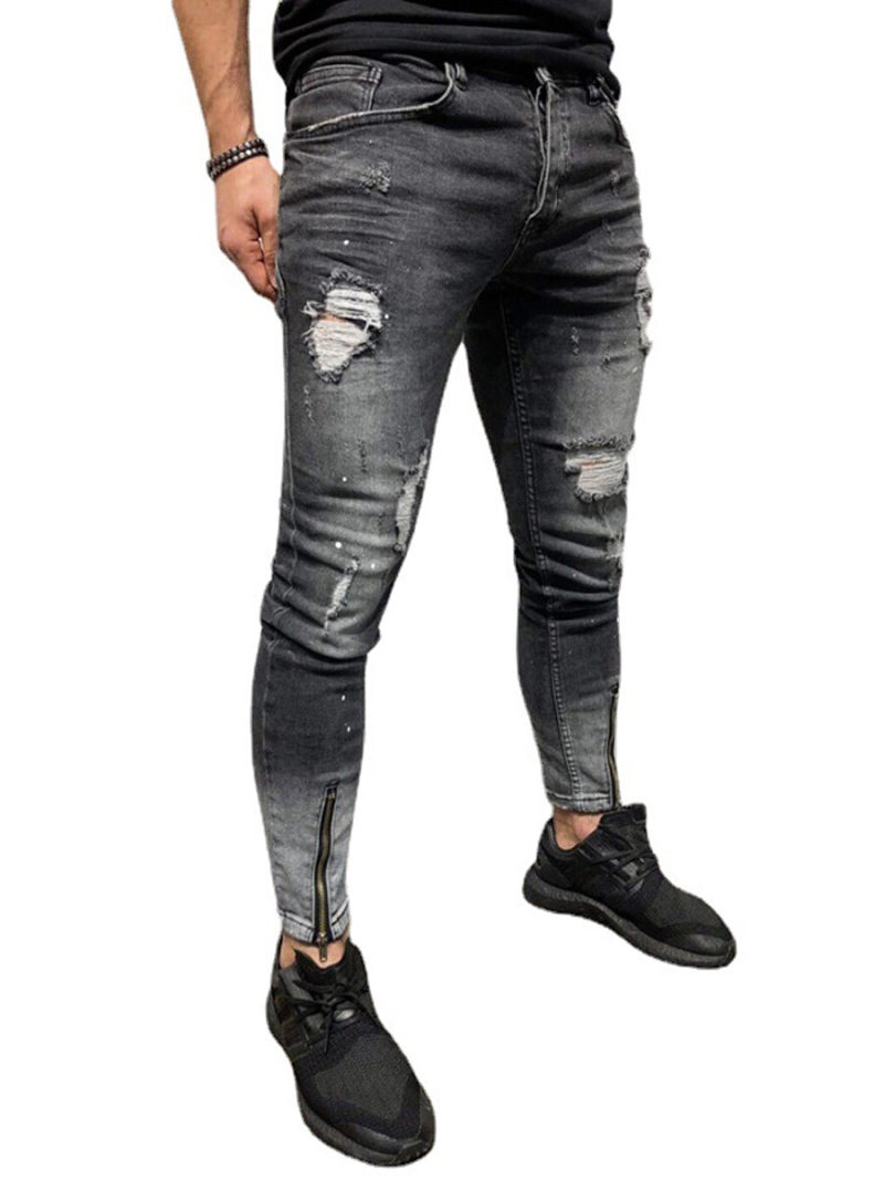 Skinny Jeans In Flat Mid Wash Black With Zipper On Bottom