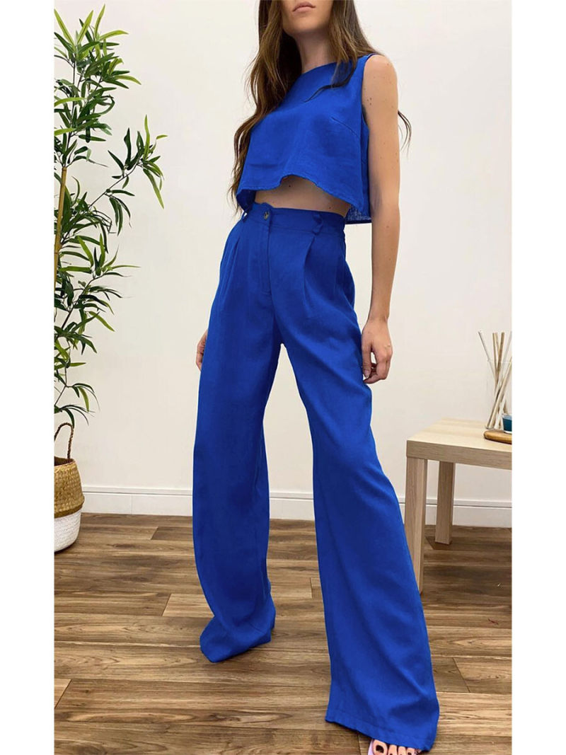 Pure color round collar vest two-piece outfit