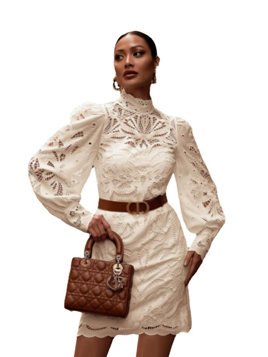 Floral Lace Stand Neck Lanter Sleeves  Mini Dress  With  Wrap Belted