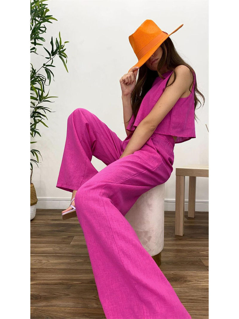 Pure color round collar vest two-piece outfit